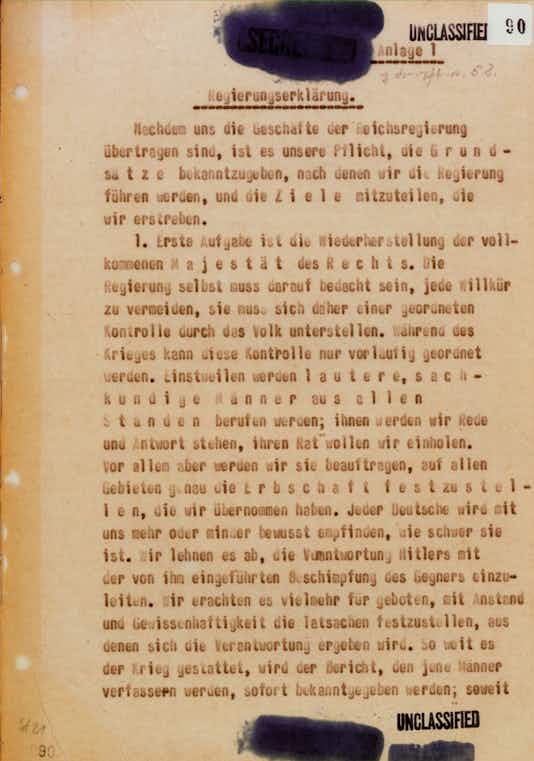 Entwurf einer Regierungserklärung von Ludwig Beck und Carl Friedrich Goerdeler, Sommer 1944Rekonstruktion nach Unterlagen der „Gestapo-Sonderkommission 20. Juli 1944“ (Abschrift)